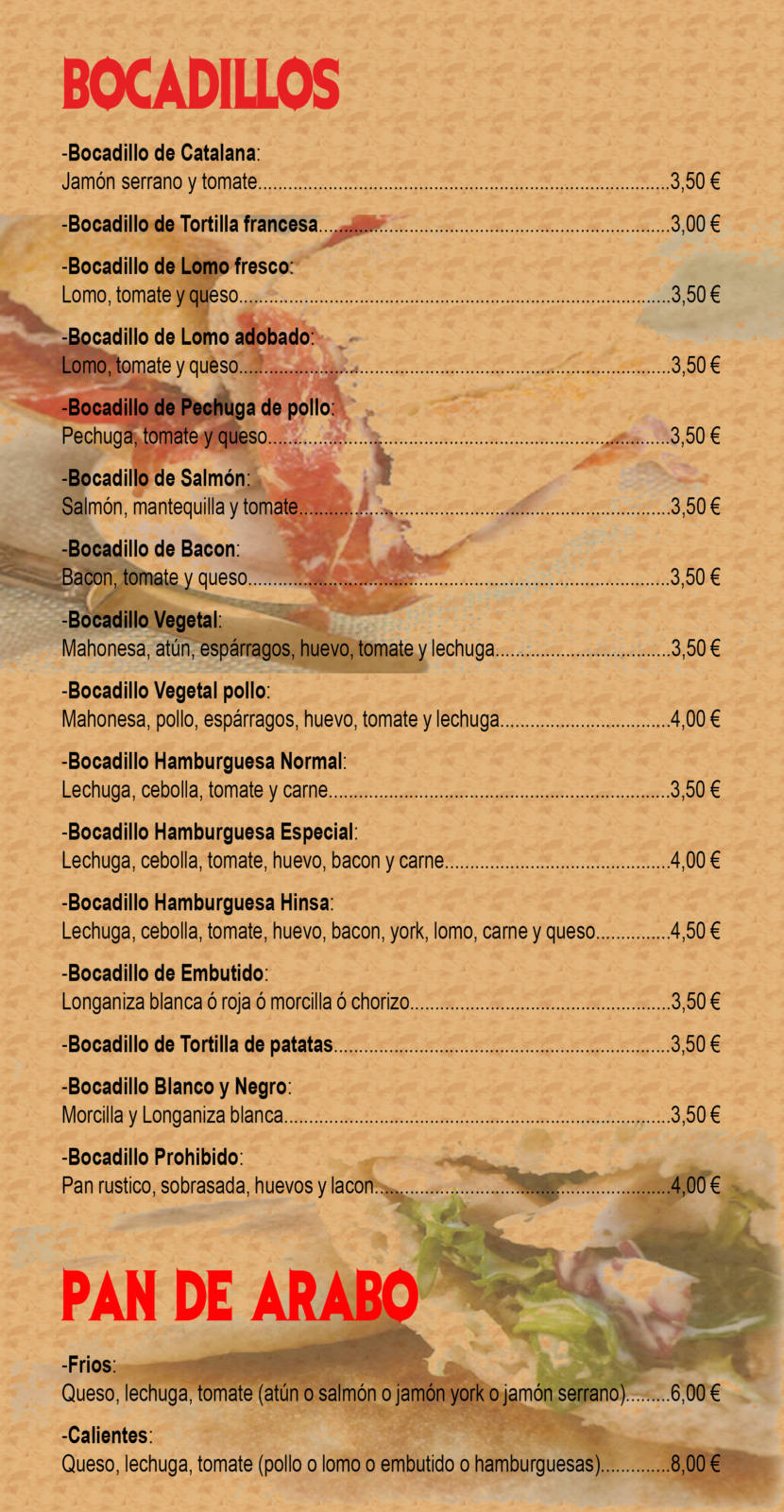 carta de productos - bocadillos y pan de arabo