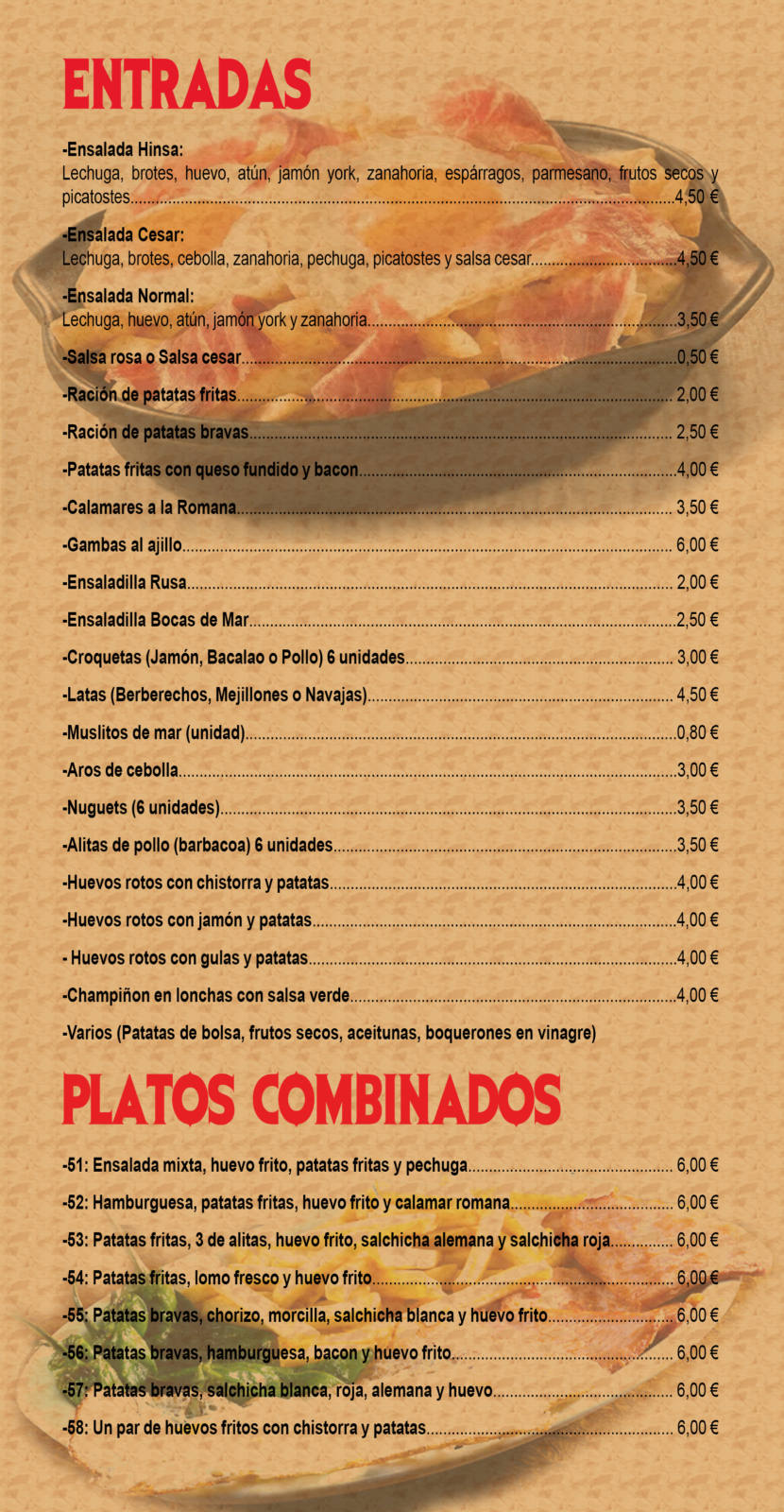 carta de menu - entradas y platos combinados