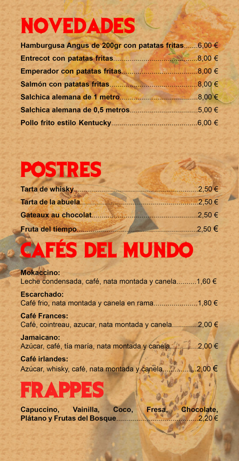 carta de productos - novedades, postres, cafes y frappes