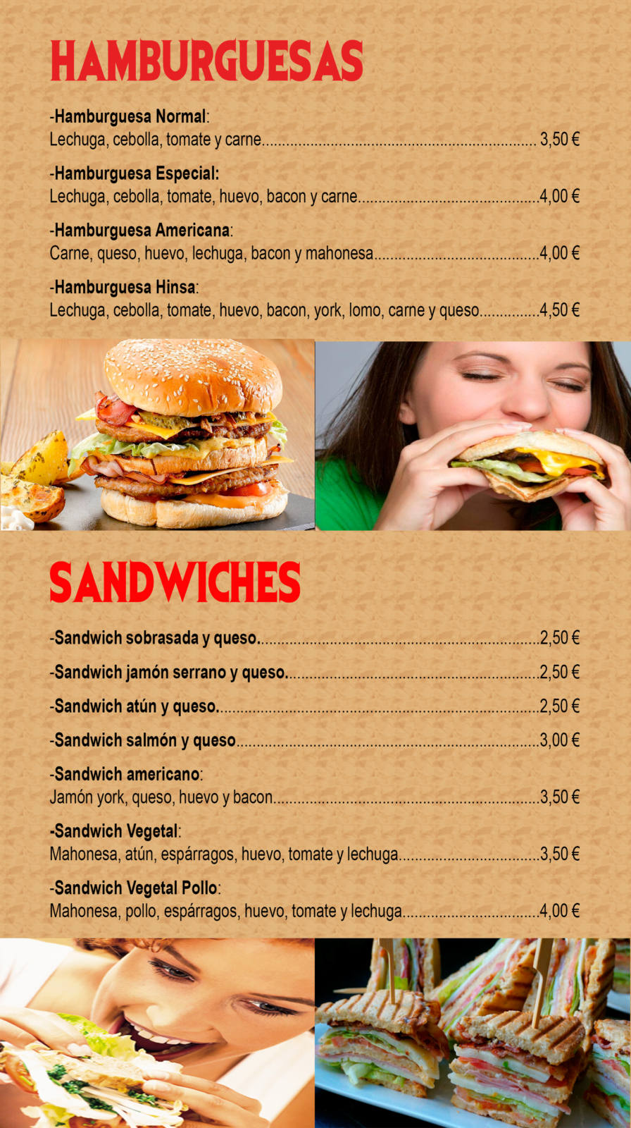 carta de productos - hamburguesas y sandwiches