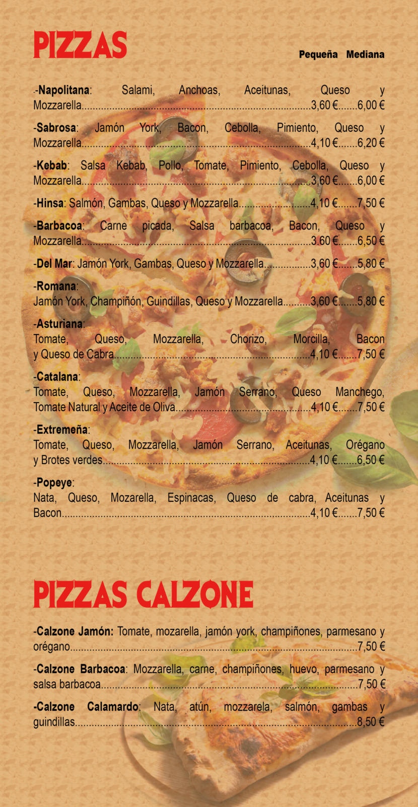 carta de productos - pizzas y pizzas calzone