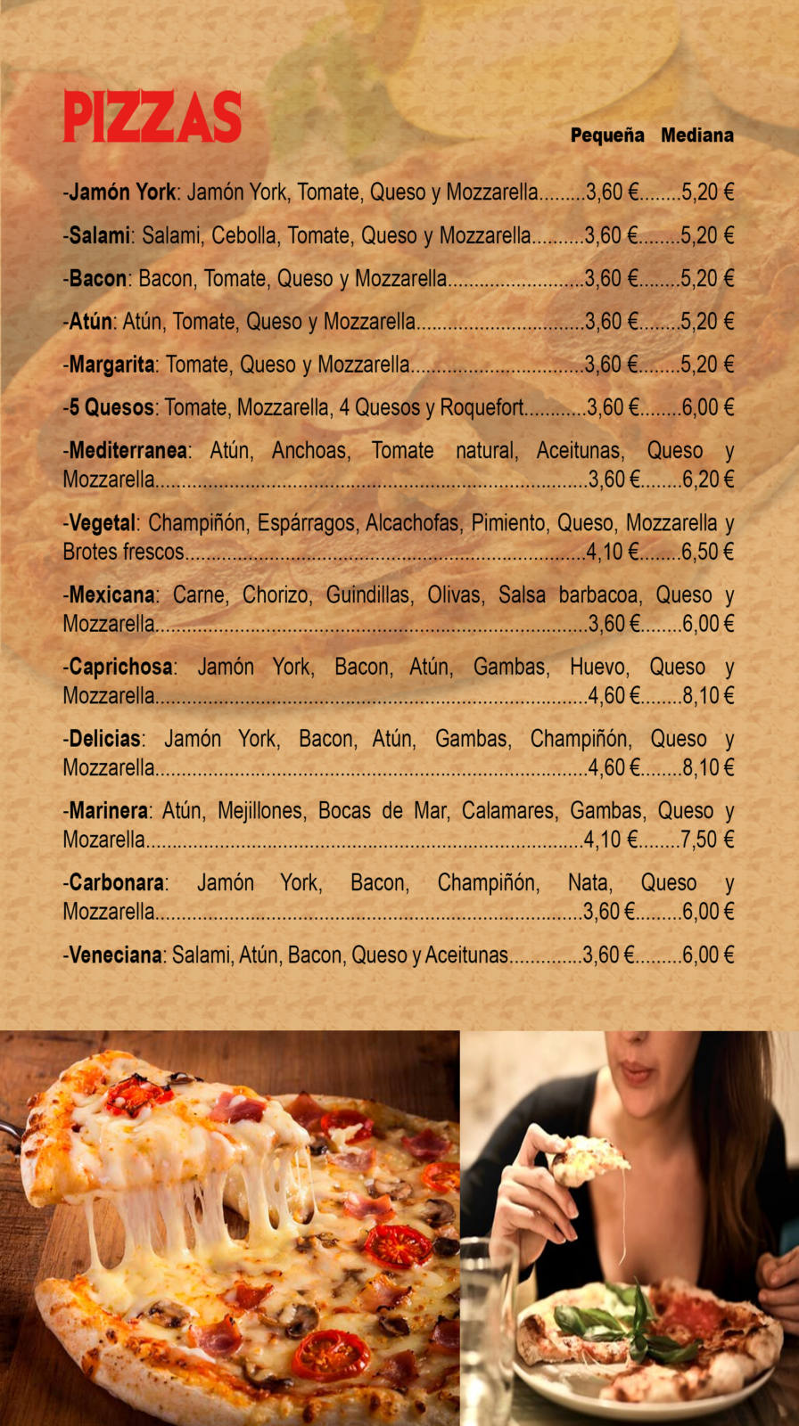 carta de productos - pizzas