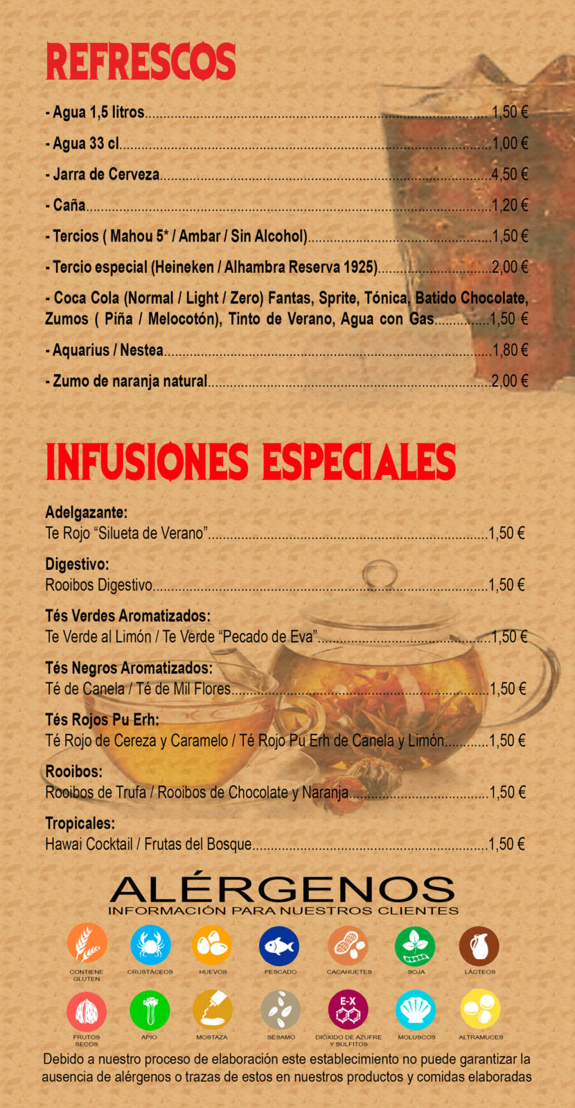 carta de productos - refrescos e infusiones